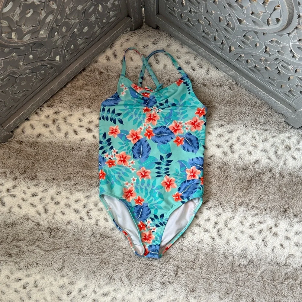 Children’s Place Hawaiian swimsuit girls small hibiscus tropical beach summer
